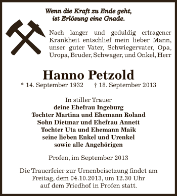 Traueranzeige von Hanno Petzold von Super Sonntag Zeitz