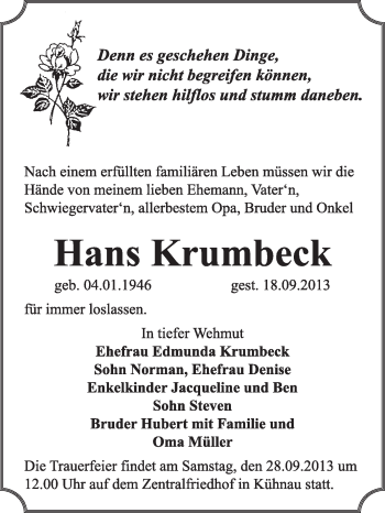 Traueranzeige von Hans Krumbeck von Super Sonntag Dessau / Köthen
