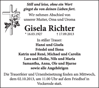 Traueranzeige von Gisela Richter von Super Sonntag Wittenberg