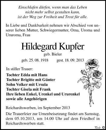 Traueranzeige von Hildegard Kupfer von WVG - Wochenspiegel NMB / WSF / ZTZ