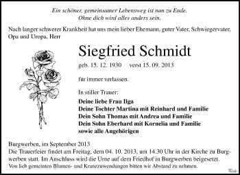 Traueranzeige von Siegfried Schmidt von WVG - Wochenspiegel NMB / WSF / ZTZ