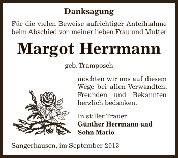 Traueranzeige von Margot Herrmann von Super Sonntag SGH Mansf. Land