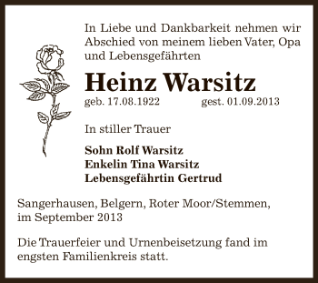 Traueranzeige von Heinz Warsitz von Super Sonntag SGH Mansf. Land