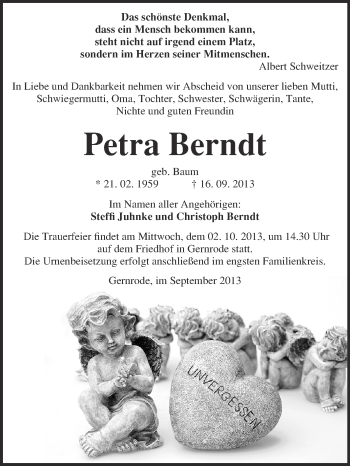 Traueranzeige von Petra Berndt von WVG - Wochenspiegel Quedlinburg