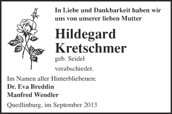Traueranzeige von Hildegard Kretschmer von WVG - Wochenspiegel Quedlinburg