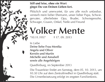 Traueranzeige von Volker Mente von WVG - Wochenspiegel Quedlinburg