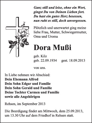 Traueranzeige von Dora Mußi von WVG - Wochenspiegel Wittenberg