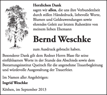 Traueranzeige von Bernd Weschke von Super Sonntag Dessau / Köthen