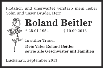 Traueranzeige von Roland Beitler von Super Sonntag Zeitz
