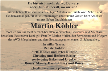 Traueranzeige von Martin Köhler von Super Sonntag Quedlinburg