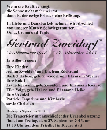 Traueranzeige von Gertrud Zweidorf von WVG - Wochenspiegel Quedlinburg