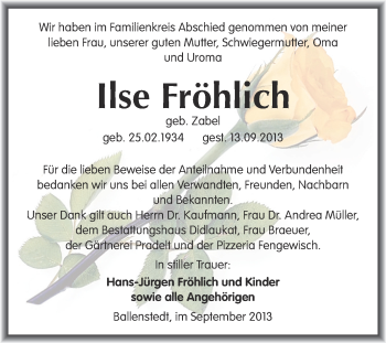 Traueranzeige von Ilse Fröhlich von WVG - Wochenspiegel Quedlinburg