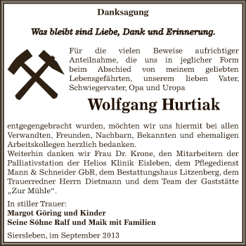 Traueranzeige von Wolfgang Hurtiak von Wochenspiegel Mansfelder Land