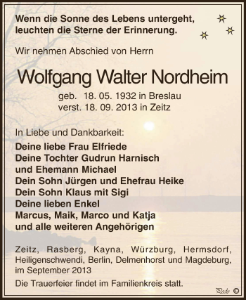 Traueranzeige von Wolfgang Walter Nordheim von Super Sonntag Zeitz