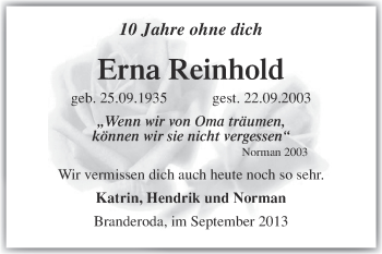 Traueranzeige von Erna Reinhold von Super Sonntag Merseburg