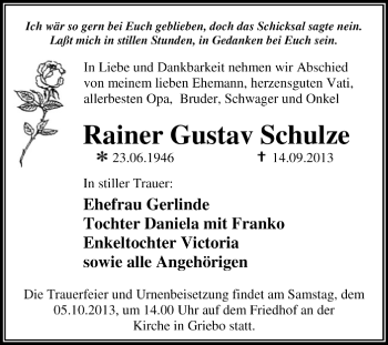 Traueranzeige von Rainer Gustav Schulze von Super Sonntag Dessau / Köthen