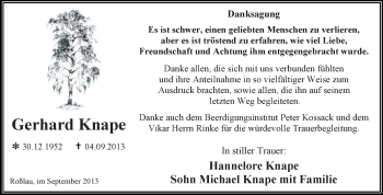 Traueranzeige von Gerhard Knape von WVG - Wochenspiegel Dessau / Köthen