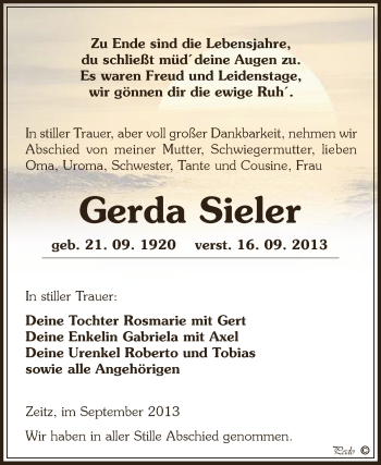 Traueranzeige von Gerda Sieler von Super Sonntag Zeitz