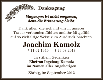 Traueranzeige von Joachim Kamolz von WVG - Wochenspiegel Bitterfeld