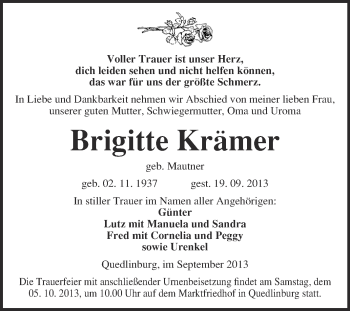 Traueranzeige von Brigitte Krämer von WVG - Wochenspiegel Quedlinburg