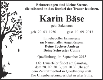 Traueranzeige von Karin Bäse von WVG - Wochenspiegel Quedlinburg