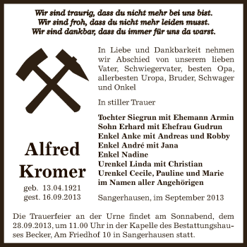 Traueranzeige von Alfred Kromer von Super Sonntag SGH Mansf. Land