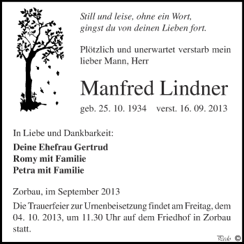 Traueranzeige von Manfred Lindner von WVG - Wochenspiegel NMB / WSF / ZTZ