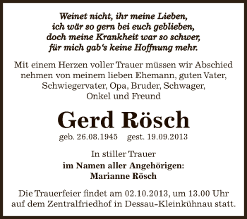 Traueranzeige von Gerd Rösch von WVG - Wochenspiegel Dessau / Köthen