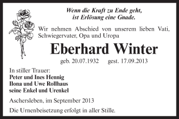 Traueranzeige von Eberhard Winter von WVG - Wochenspiegel Aschersleben