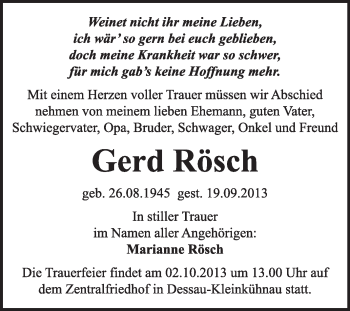 Traueranzeige von Gerd Rösch von Super Sonntag Dessau / Köthen