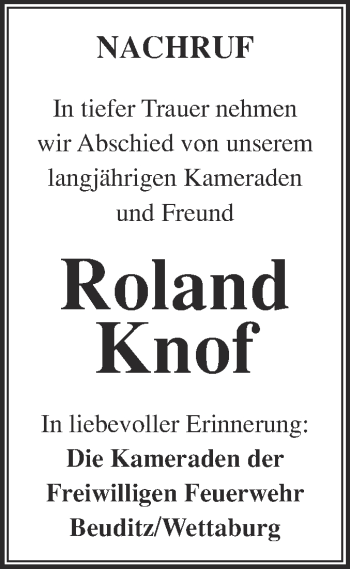 Traueranzeige von Roland Knof von WVG - Wochenspiegel NMB / WSF / ZTZ