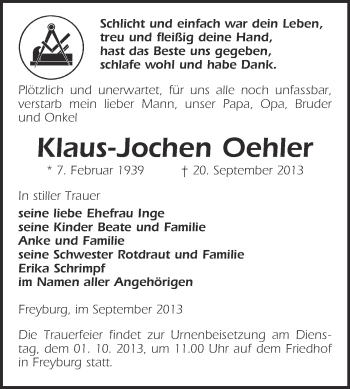 Traueranzeige von Klaus-Jochen Oehler von WVG - Wochenspiegel NMB / WSF / ZTZ