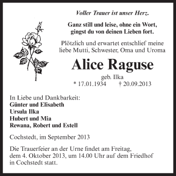 Traueranzeige von Alice Raguse von WVG - Wochenspiegel Aschersleben