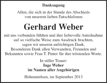 Traueranzeige von Gerhard Weber von WVG - Wochenspiegel NMB / WSF / ZTZ