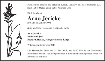 Traueranzeige von Arno Jericke von WVG - Wochenspiegel NMB / WSF / ZTZ