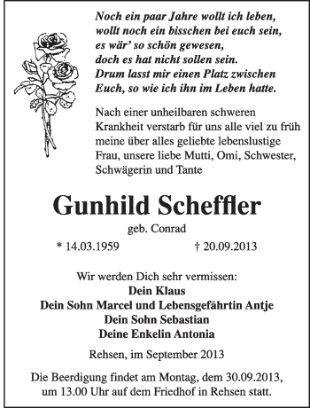 Traueranzeige von Gunhild Scheffler von WVG - Wochenspiegel Wittenberg
