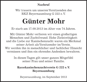 Traueranzeige von Günter Mohr von Super Sonntag SGH Mansf. Land