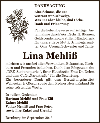 Traueranzeige von Lina Mehliß von Super Sonntag Bernburg