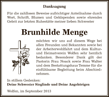 Traueranzeige von Brunhilde Menge von WVG - Wochenspiegel Bitterfeld