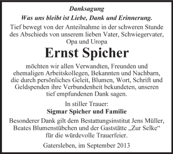 Traueranzeige von Ernst Spicher von WVG - Wochenspiegel Aschersleben