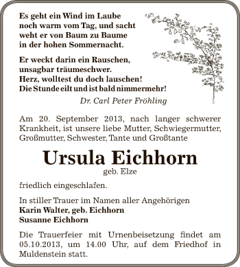 Traueranzeige von Ursula Eichhorn von WVG - Wochenspiegel Bitterfeld