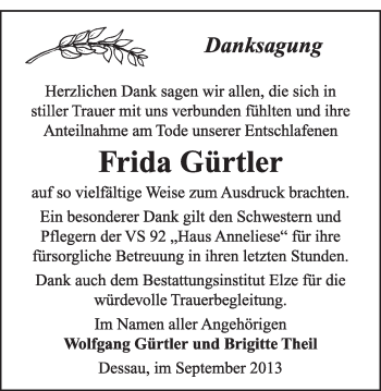 Traueranzeige von Frida Gürtler von Super Sonntag Dessau / Köthen