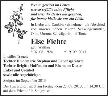 Traueranzeige von Else Fichte von WVG - Wochenspiegel Merseburg