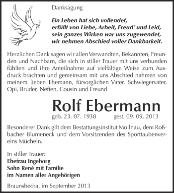 Traueranzeige von Rolf Ebermann von WVG - Wochenspiegel Merseburg