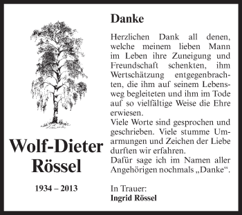Traueranzeige von Wolf-Dieter Rössel von WVG - Wochenspiegel Aschersleben