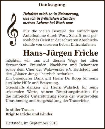 Traueranzeige von Hans-Jürgen Fricke von Super Sonntag SGH Mansf. Land