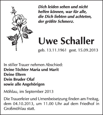 Traueranzeige von Uwe Schaller von WVG - Wochenspiegel Wittenberg