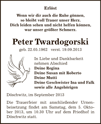 Traueranzeige von Peter Twardogorski von Super Sonntag Zeitz
