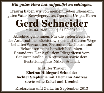 Traueranzeige von Gerd Schneider von Super Sonntag Zeitz