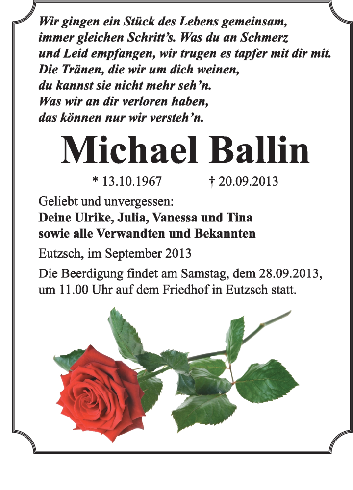  Traueranzeige für Michael Ballin vom 25.09.2013 aus WVG - Wochenspiegel Wittenberg